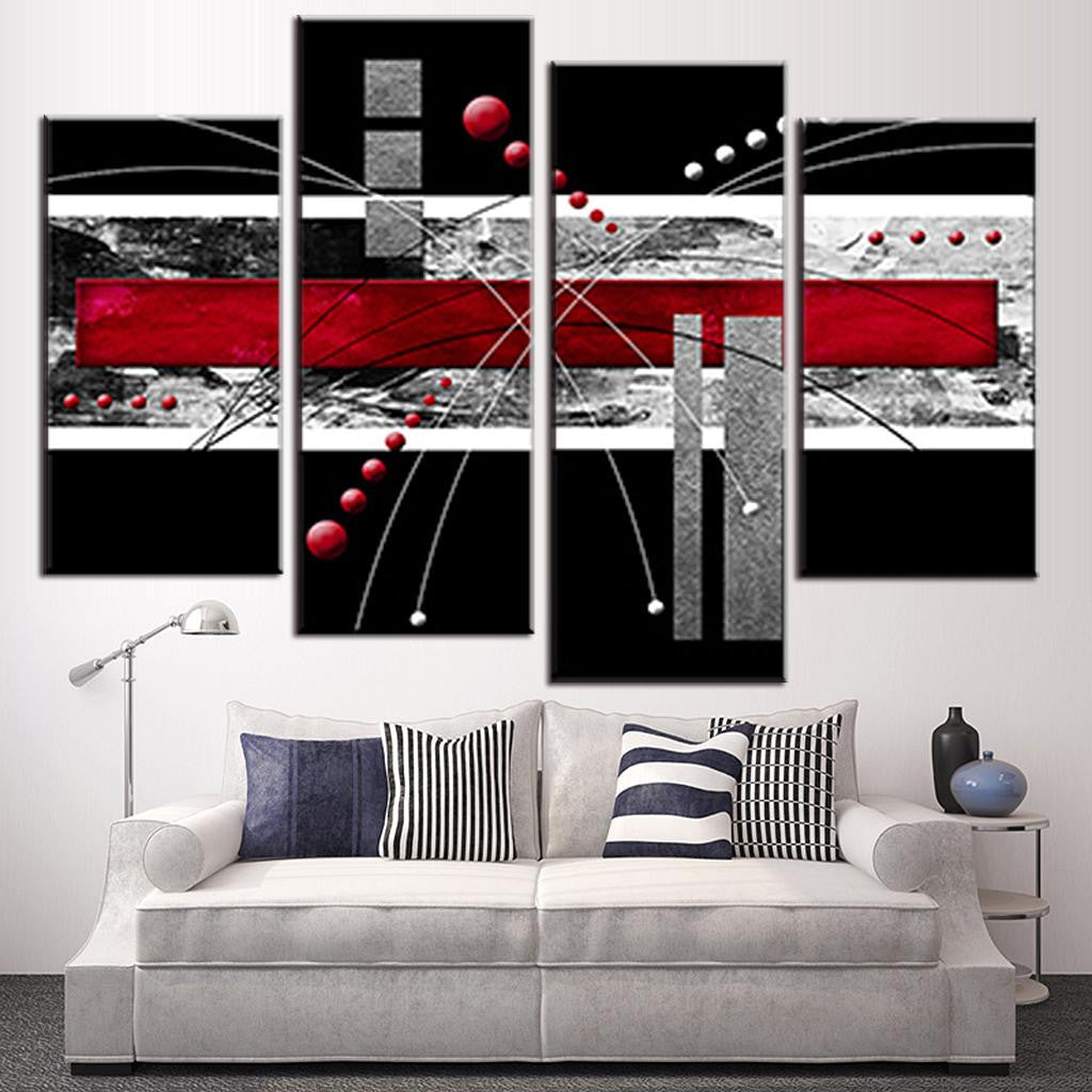 Red, Black, Gray Abstract Rectangles: Modern 4-piece canvas wall art featuring geometric shapes, red spheres, and intersecting lines in a striking black, white, and red color scheme, perfect for contemporary home decor
