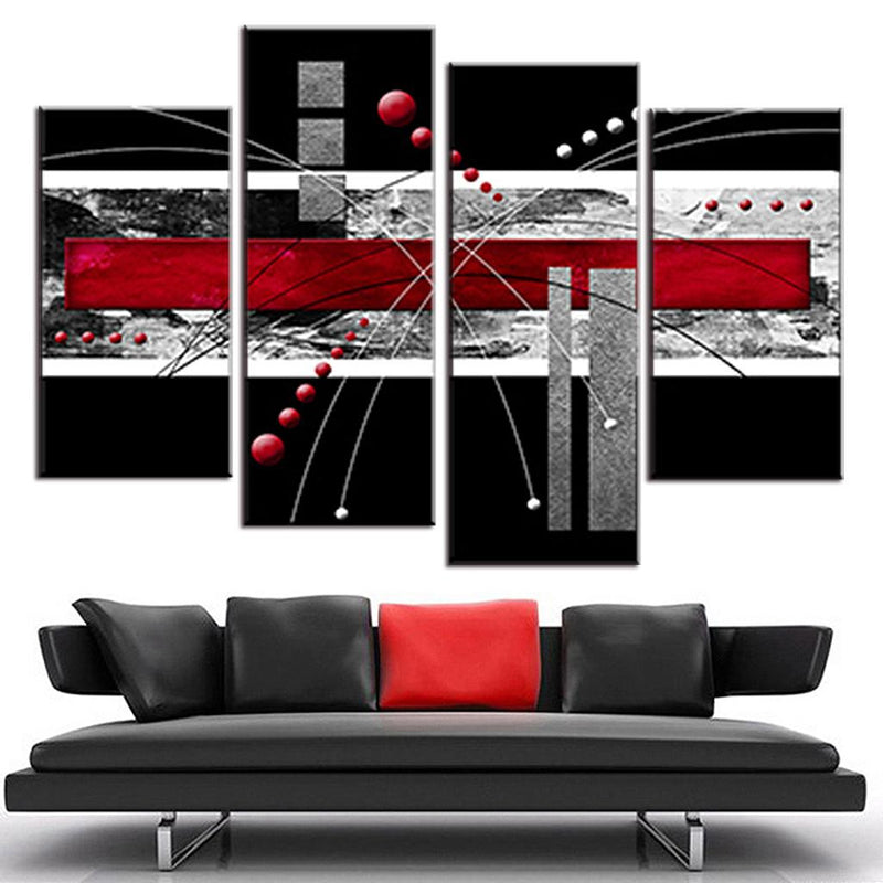 Red, Black, Gray Abstract Rectangles - Modern 4-panel canvas wall art featuring geometric shapes in black, white, and bold red with abstract lines and spheres creating a contemporary design pattern perfect for modern home decor