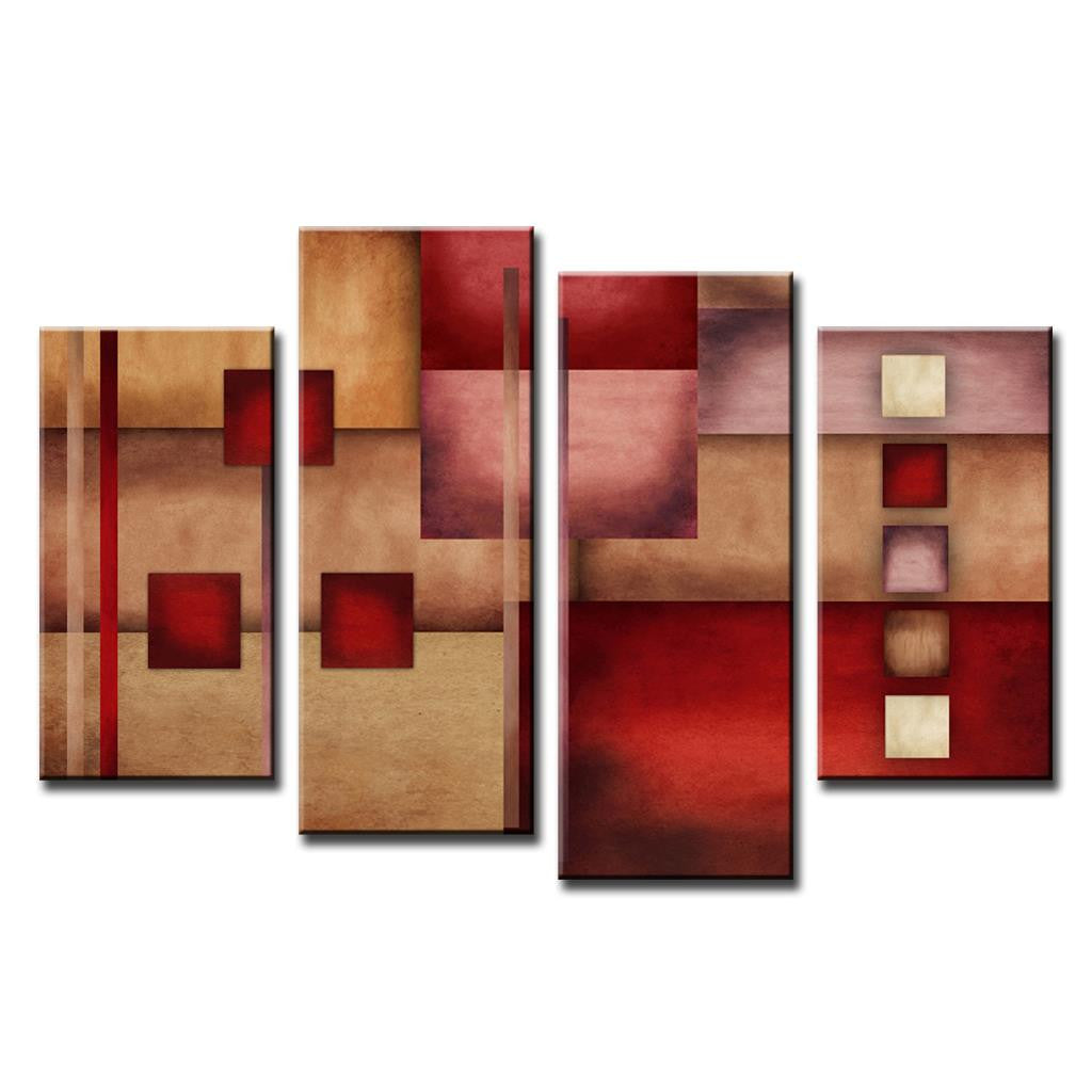 Red and Beige Abstract Design - Modern geometric 4-panel wall art featuring bold red squares and rectangles against warm beige backgrounds, creating a contemporary minimalist composition perfect for home decor