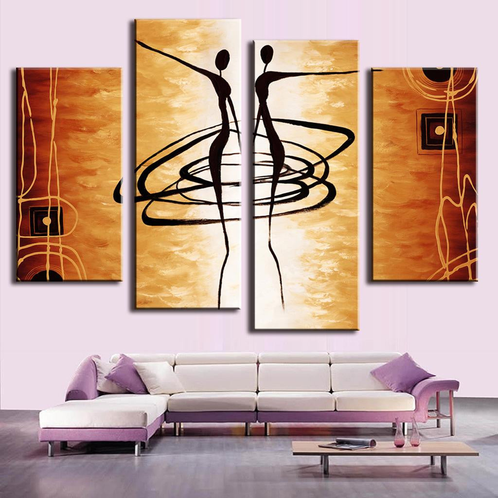 Abstract Dancers wall art featuring elegant silhouettes of two dancers in graceful motion against a warm golden background, displayed as a 4-panel canvas set with spiral design elements and geometric patterns