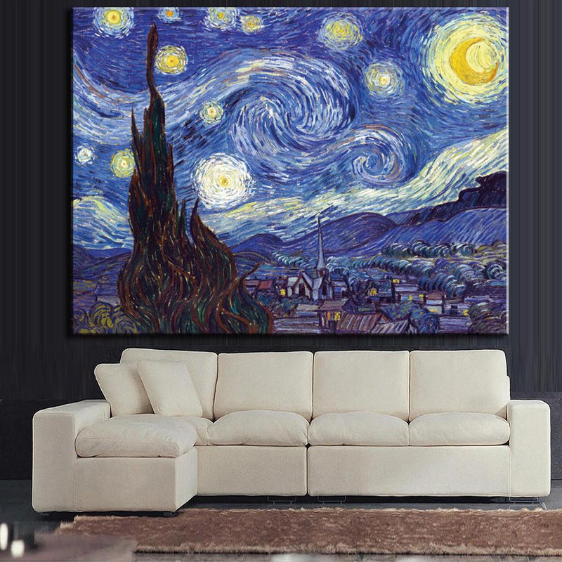 The Starry Night canvas panel art featuring Van Gogh's iconic swirling night sky with bright yellow stars, crescent moon, and dark cypress tree overlooking a peaceful village, perfect for home decor and wall art enthusiasts.