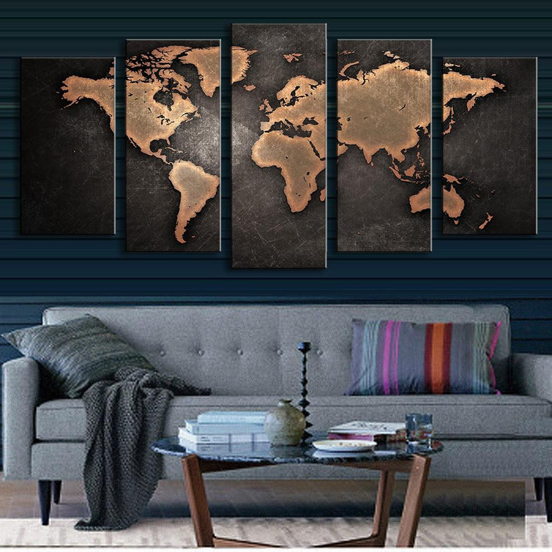 World Map in Black and Brown - 5 panel canvas wall art featuring vintage-style world map in rich bronze tones against dark background, elegant contemporary home decor piece displayed above modern sofa