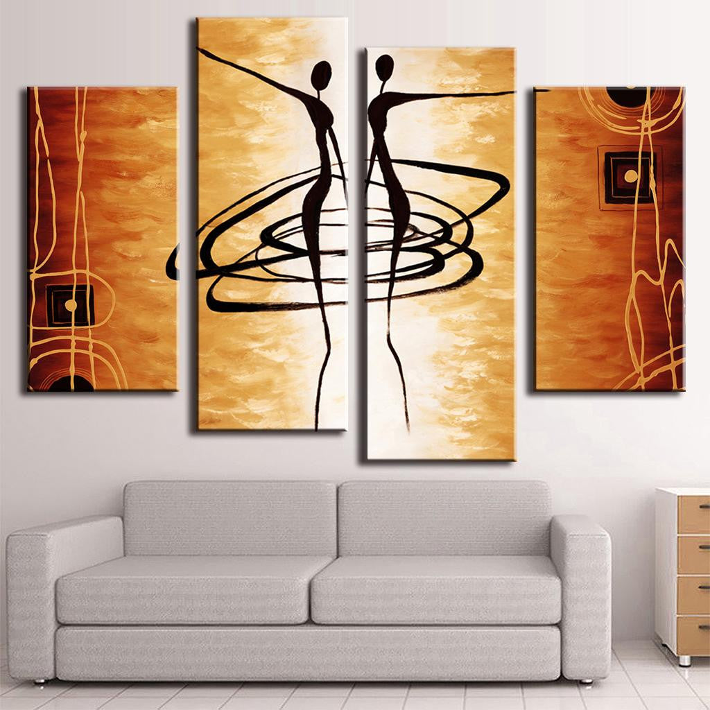 Abstract Dancers 4-panel wall art featuring silhouetted figures in graceful dance poses against a warm golden background with spiral motifs and geometric patterns, modern canvas print for home decor