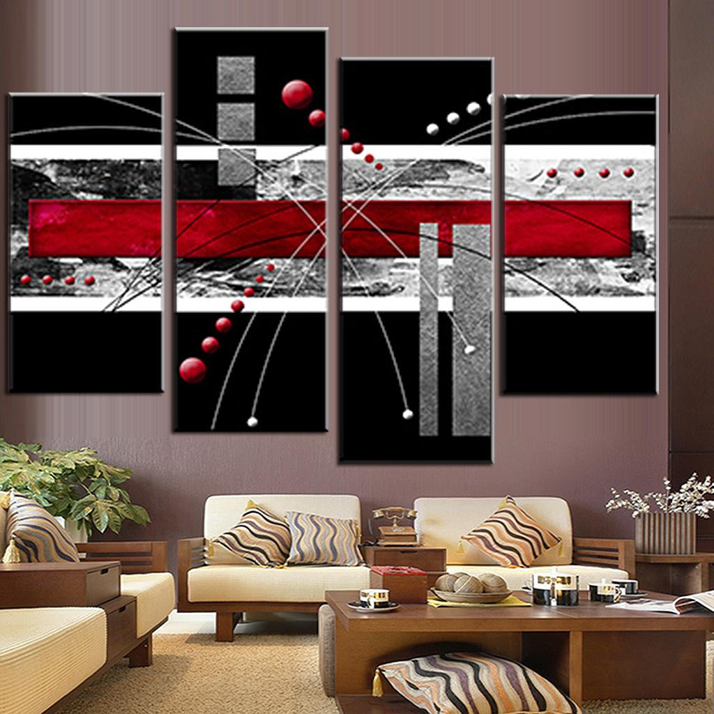 Red, Black, Gray Abstract Rectangles - Modern 4-panel canvas wall art featuring geometric shapes, bold red stripe across black background with silver accents and floating spheres in contemporary abstract design, 48x36 inches total