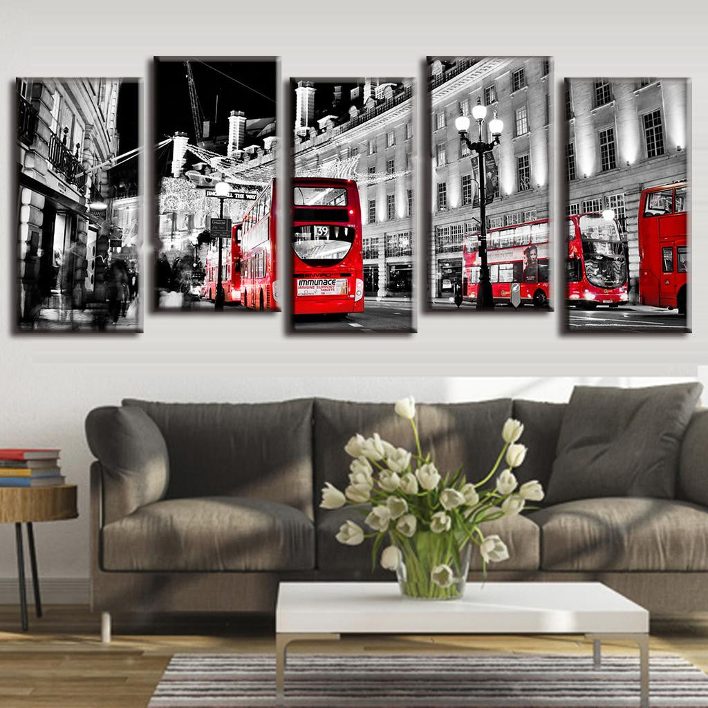 City Nightview with Red Busses - Black and white London street scene featuring iconic red double-decker buses against historic architecture, 5-panel canvas wall art displaying urban British charm with selective color highlighting