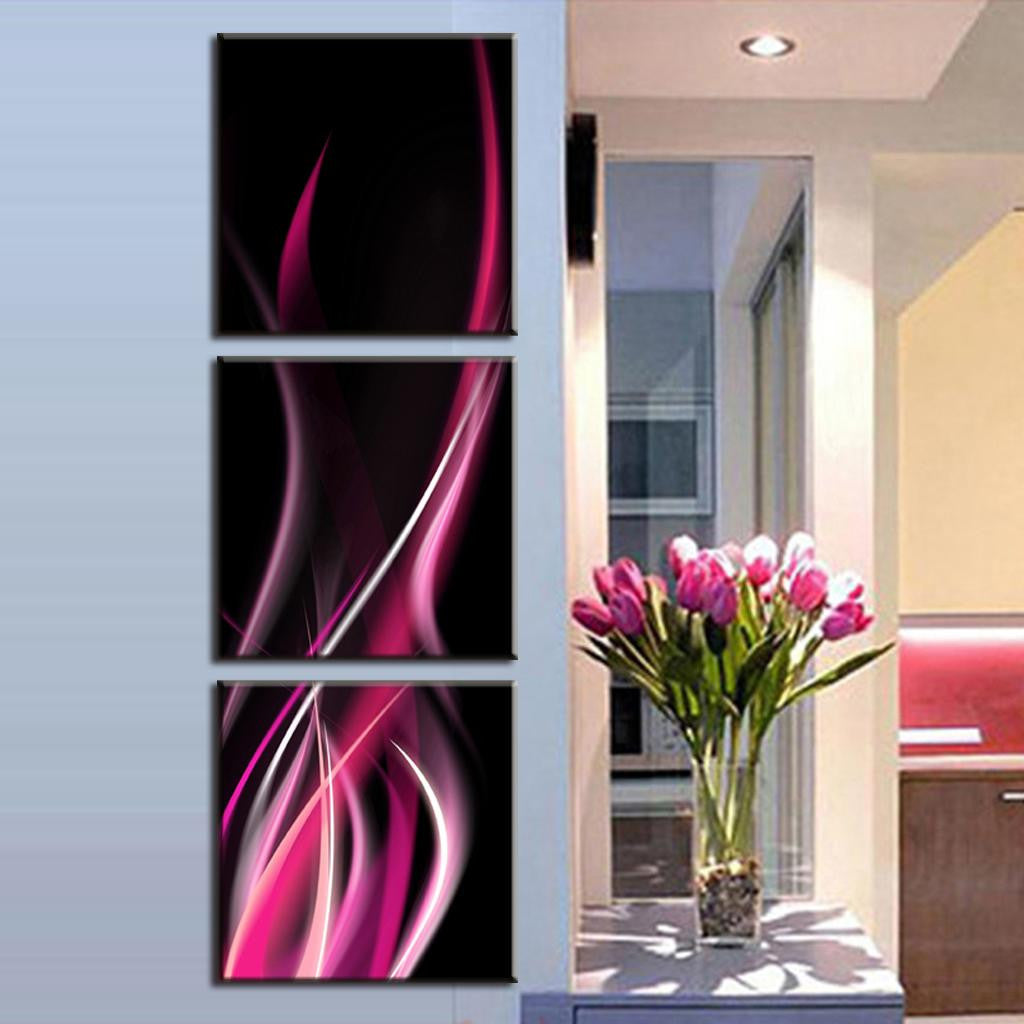 Pink Flame on Black: Modern three-panel canvas art featuring elegant pink flame-like curves against a deep black background, creating a striking abstract design for contemporary wall decor