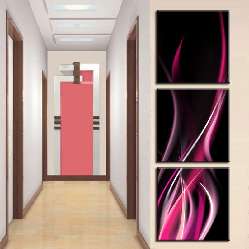 Pink Flame on Black - Modern abstract wall art featuring elegant pink and magenta curved flames against a deep black background, arranged in a vertical triptych panel display for contemporary home decor