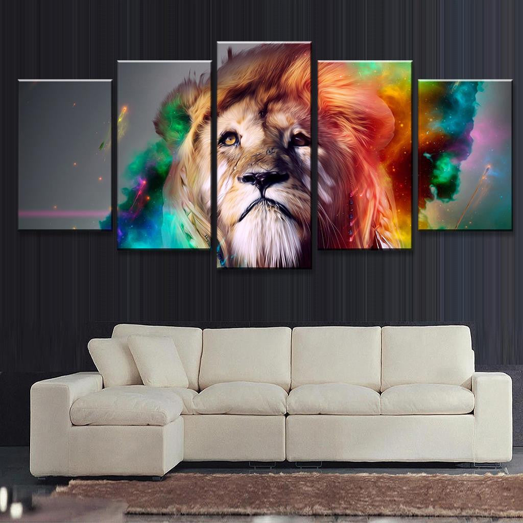 Abstract Colorful Lion's Head wall art featuring a majestic lion portrait surrounded by vibrant watercolor effects in turquoise, green, and orange, split across 5 canvas panels for dramatic home decor display