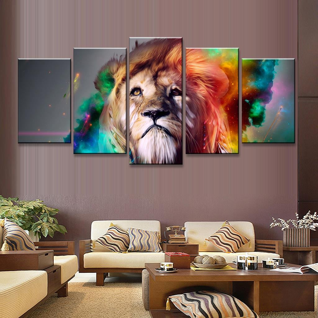 Abstract Colorful Lion's Head 5-panel canvas wall art featuring majestic lion portrait with vibrant watercolor effects in turquoise, green, and orange hues, perfect for modern home decor and living room walls
