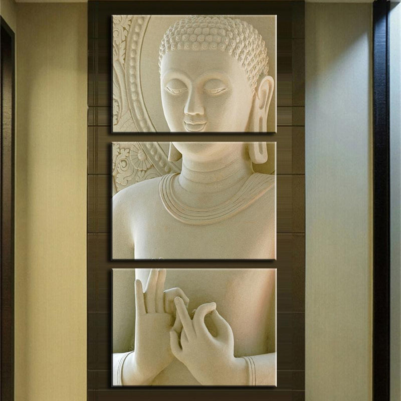 Modern Buddha Canvas - 3-panel wall art featuring serene white Buddha statue with detailed texture, showing close-up sections of head, torso, and hand gestures in meditation pose, perfect for zen home decor