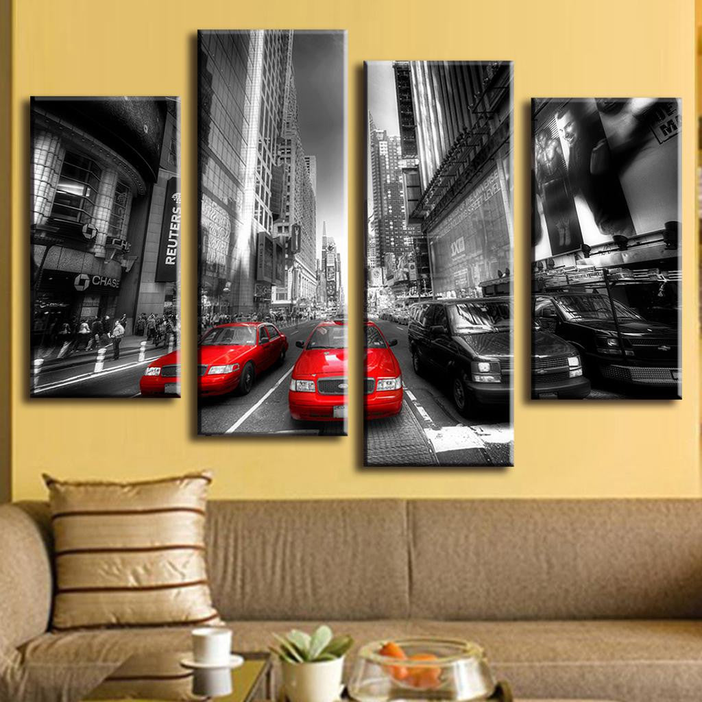 New York with Red Taxis: Black and white city street photography featuring vibrant red taxi cabs against monochromatic Manhattan skyscrapers and urban architecture, modern 4-panel canvas wall art piece