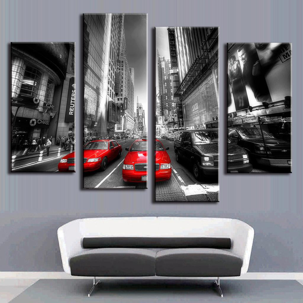 New York with Red Taxis: Black and white urban street photography of Manhattan with contrasting red taxi cabs, skyscrapers, and city traffic, split into 4 canvas panels showing dramatic city perspective