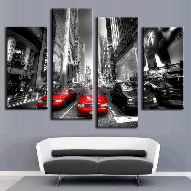 New York with Red Taxis: Black and white urban street photography of Manhattan with contrasting red taxi cabs, skyscrapers, and city traffic, split into 4 canvas panels showing dramatic city perspective