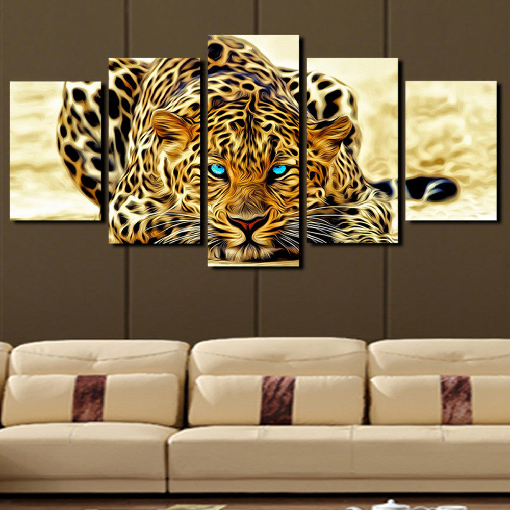 Blue Eyed Leopard - 5-piece canvas wall art featuring an artistic rendering of a resting leopard with striking blue eyes in warm golden tones, perfect for modern home decor
