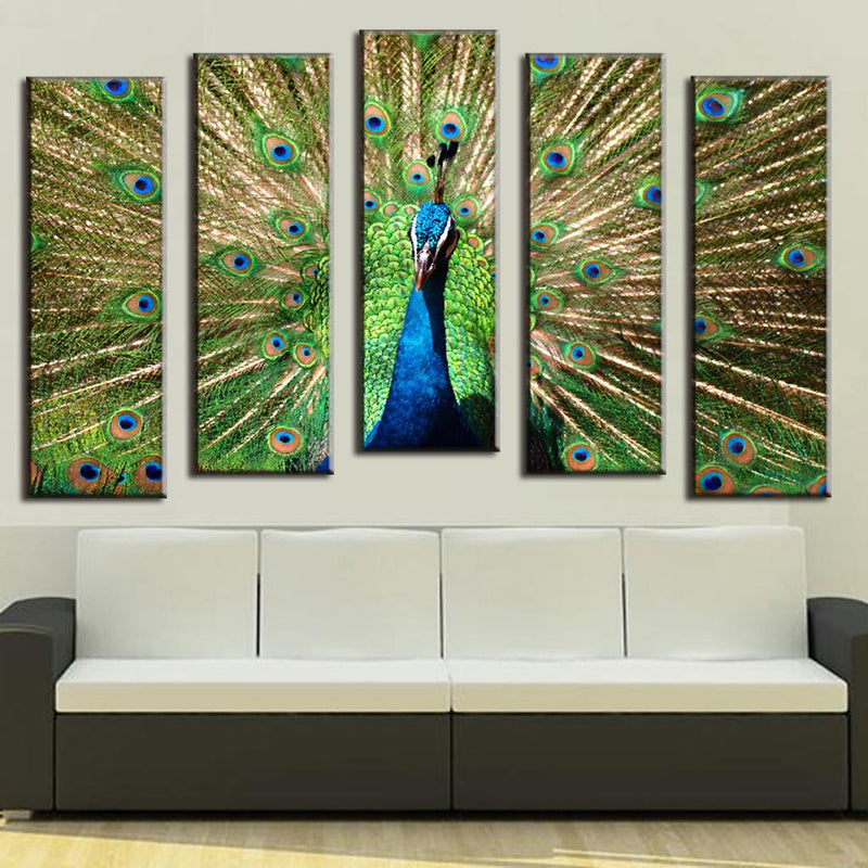 Beautiful Abstract Peacock 5-piece canvas wall art featuring vibrant blue and green peacock displaying magnificent fan of golden feathers with iridescent eyespots, perfect for modern home decor