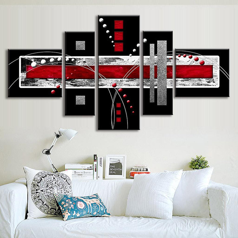 Red and Gray Abstract Rectangles - Modern 5-panel canvas wall art featuring geometric shapes in black, red, and silver, with dramatic white lines and dotted accents creating a contemporary abstract design perfect for home decor
