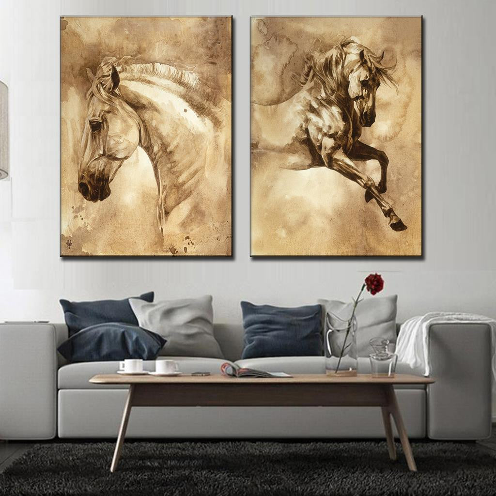 Horses on 2 Piece Canvas: Elegant sepia-toned artwork featuring two dynamic horse portraits - a noble profile view and a spirited leaping horse, rendered in vintage-style watercolor effects on dual canvas panels, perfect for home decor.