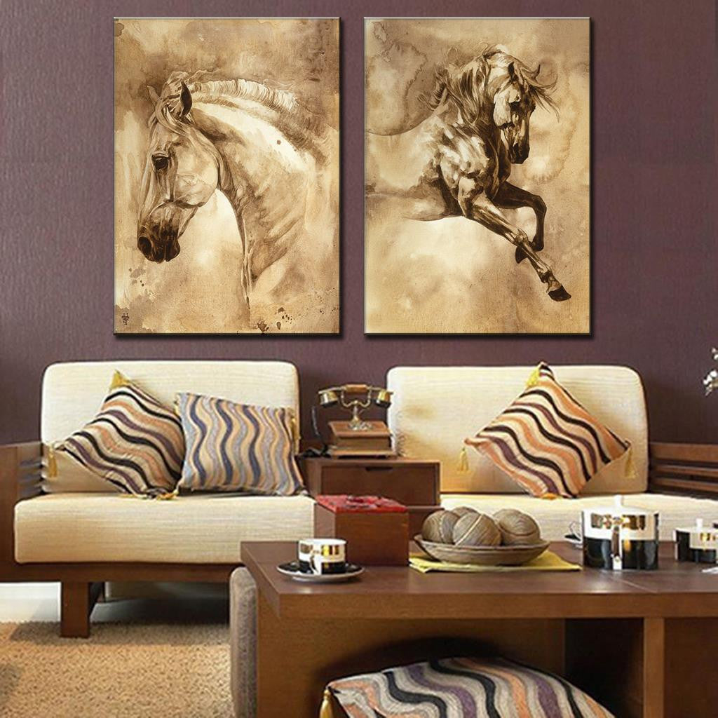Horses on 2 Piece Canvas - Elegant sepia-toned art featuring majestic horse portraits, one showing a detailed head study and another depicting a dynamic leaping horse, perfect for living room wall decor