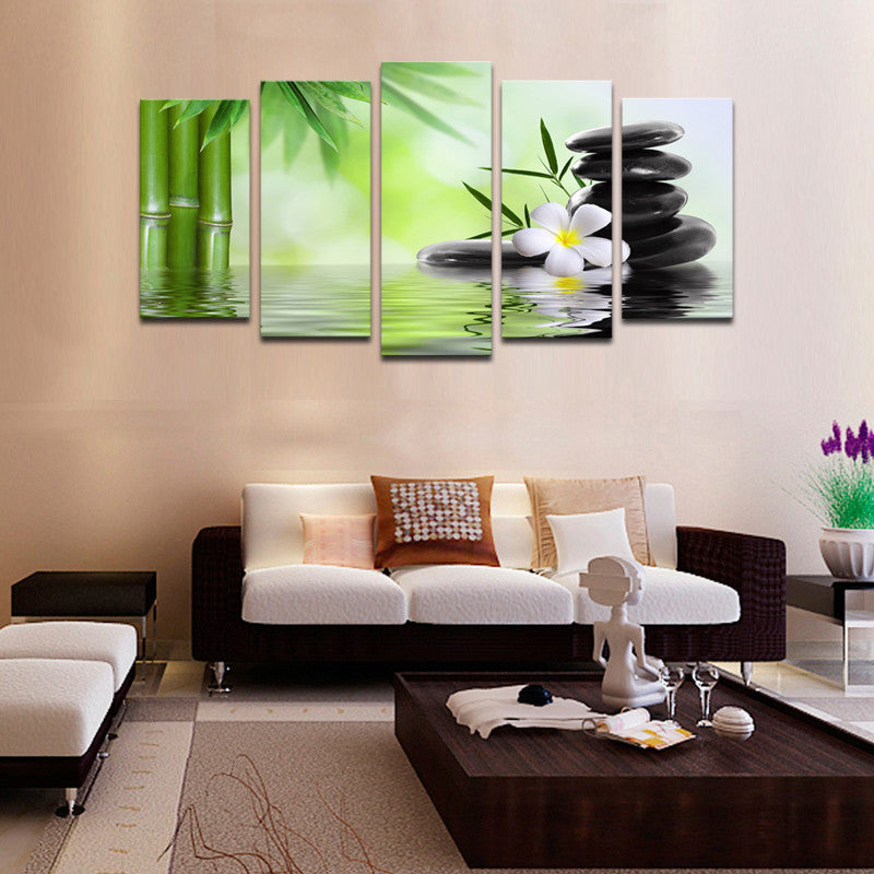 Bamboo Stone Scenery - 5 panel wall art featuring tranquil zen composition with green bamboo stalks, black massage stones, white plumeria flowers reflecting on calm water against soft green background