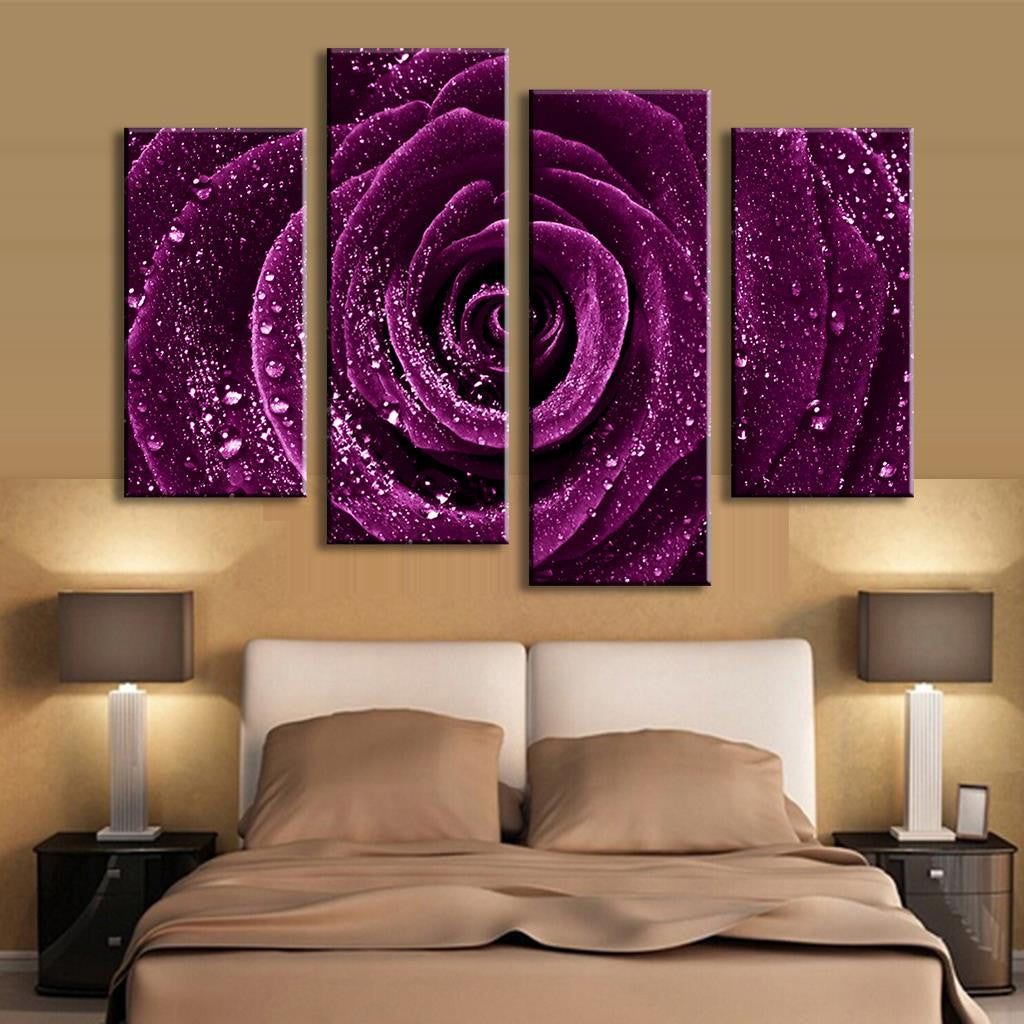 Purple Rose with Droplets - 4-panel canvas wall art featuring vibrant macro photograph of deep purple rose petals with glistening water droplets arranged in elegant spiral pattern, printed on high quality canvas