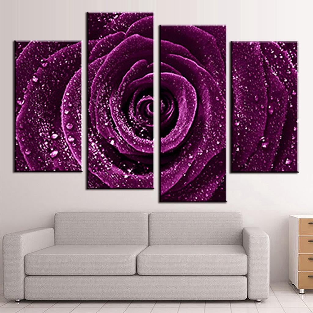Purple Rose with Droplets - 4-panel canvas wall art featuring a stunning close-up of deep purple rose petals covered in delicate water droplets, creating a dramatic and elegant macro photograph perfect for modern home decor