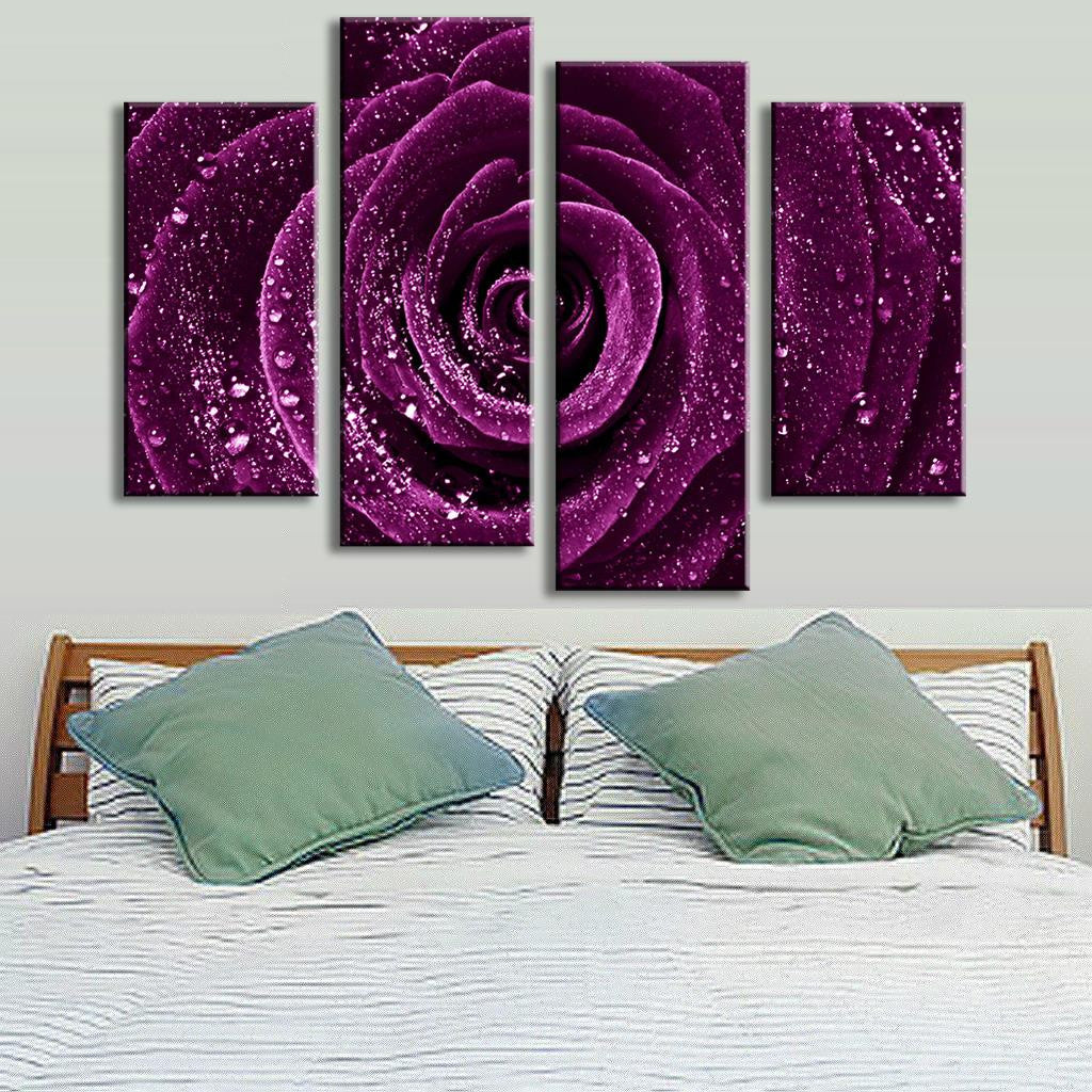 Purple Rose with Droplets - 4-panel canvas wall art featuring a stunning close-up of a deep purple rose with glistening water droplets, displaying intricate petal patterns in vibrant magenta tones against a dark background
