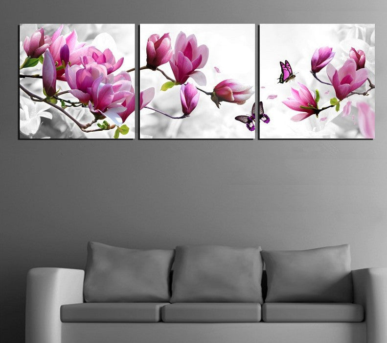 Flowers and Butterflies wall art - 3 panel canvas print featuring vibrant pink magnolia blossoms on gray background with purple butterflies, elegant home decor piece for living room or bedroom