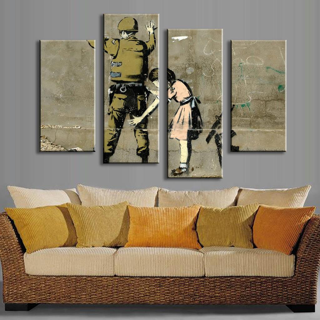 Anti War Banksy Art: Four-panel canvas wall art showing a stenciled soldier in military gear and a small figure against a grungy concrete background, symbolizing peace and protest, printed on high-quality canvas measuring 48x36 inches.