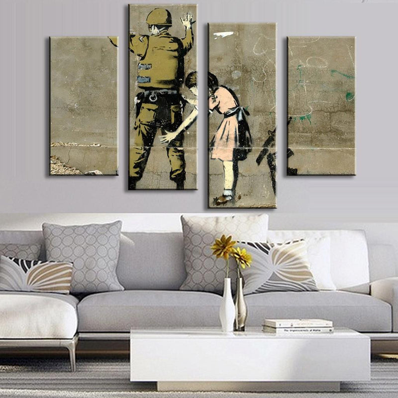 Anti War Banksy Art: 4-panel canvas wall art depicting a military figure and small figure in a dress against textured grey wall, powerful street art statement piece in muted green tones, perfect for modern home decor