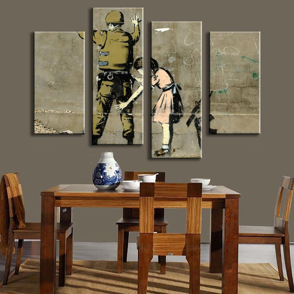 Anti War Banksy Art - 4 panel canvas print showing iconic peace message graffiti artwork on concrete wall in muted beige and olive tones, depicting military figure and child, perfect statement piece for modern home decor