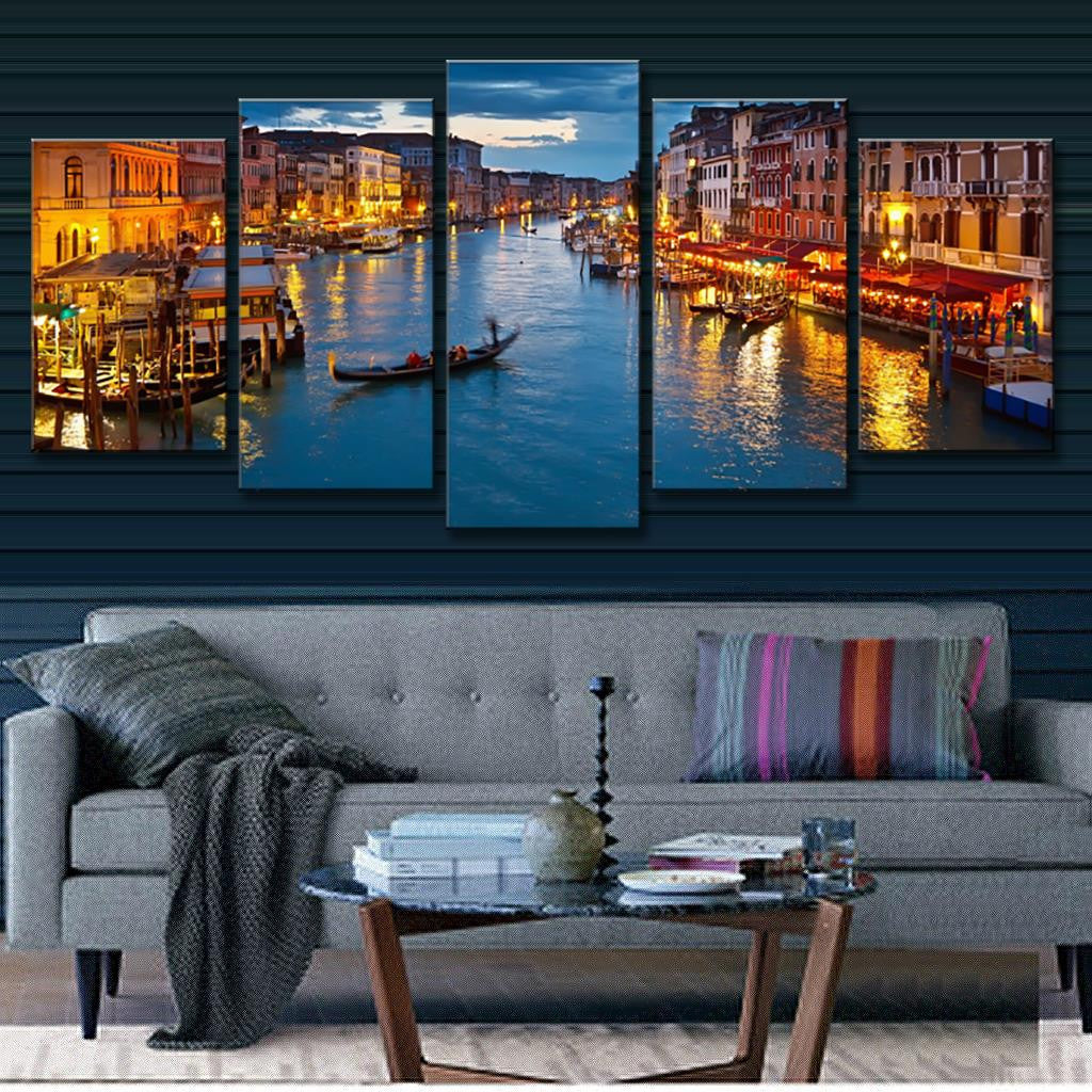Venice Cityscape - Breathtaking twilight view of Grand Canal in Venice, featuring illuminated historic buildings, gondolas gliding on blue waters, and vibrant waterfront restaurants reflecting golden lights, captured in 5-panel wall art canvas print