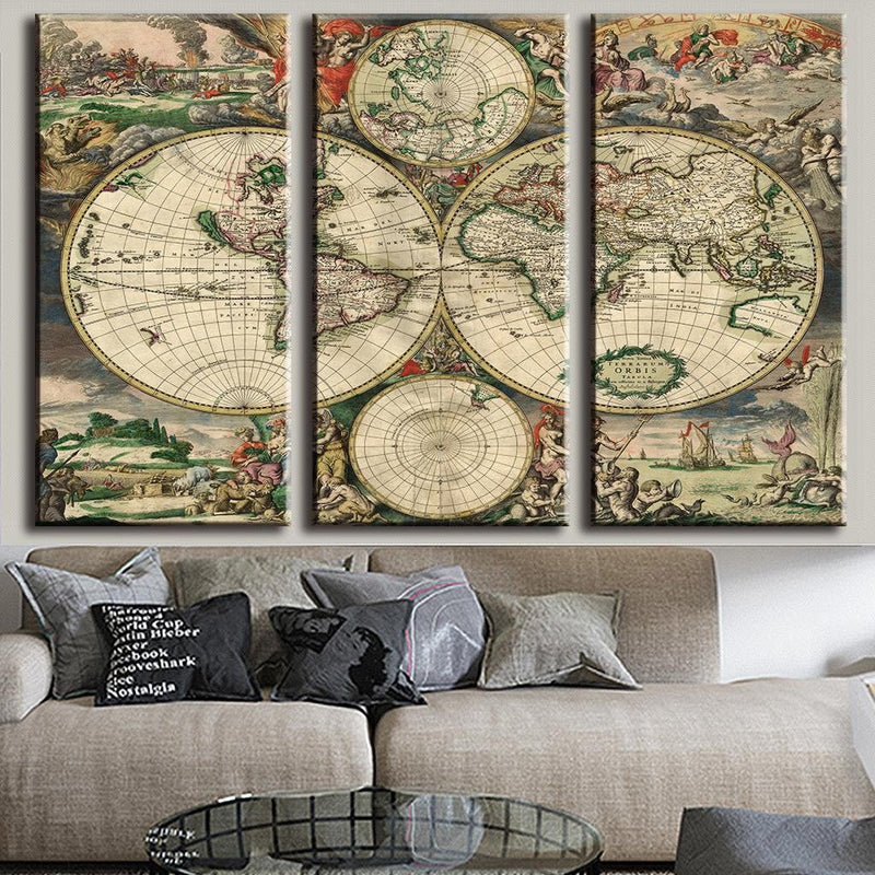 European Style Old World Map 3-panel canvas wall art featuring vintage world hemispheres with decorative cartouches, mythical figures, and baroque-style illustrations in antique color palette, perfect for classic home decor