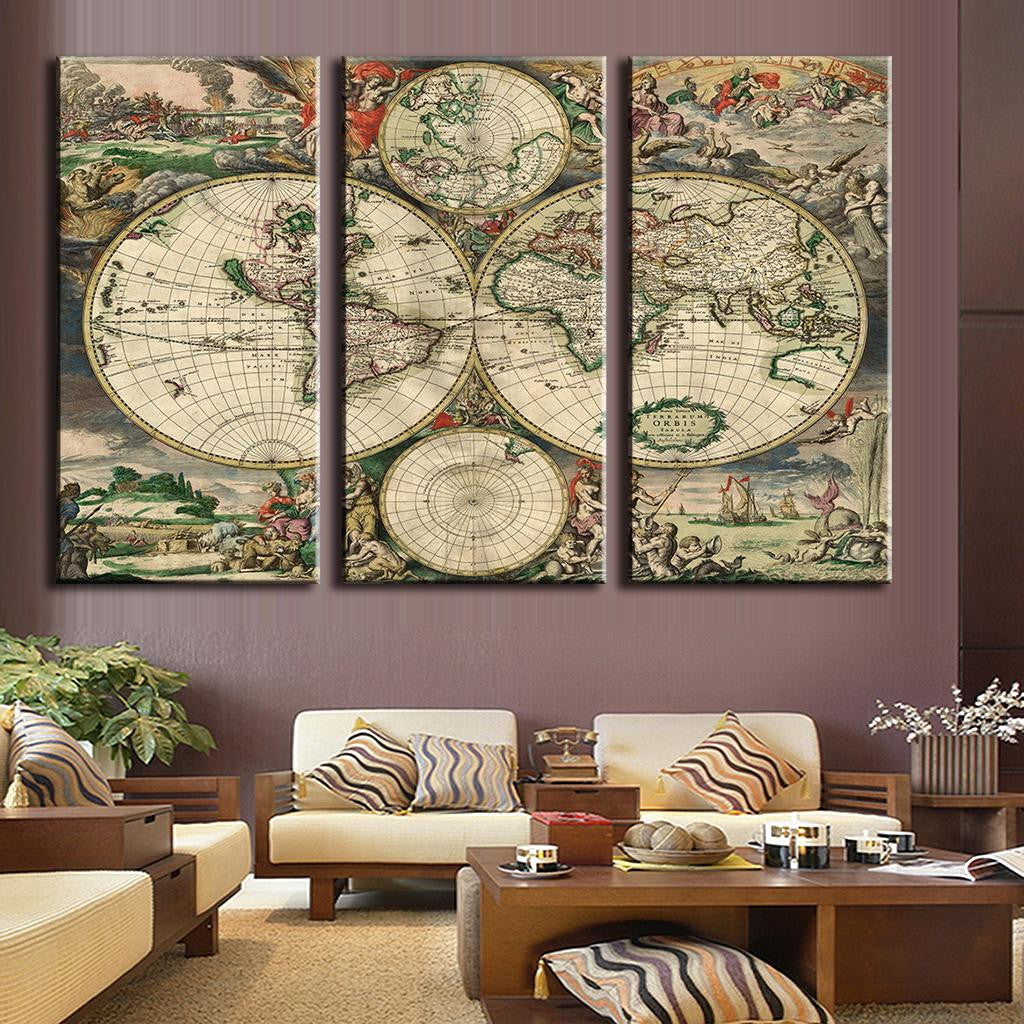 European Style Old World Map vintage wall art featuring antique hemispheric projection with decorative cartouches, cherubs and compass details, displayed as 3-panel canvas set with ornate geographical illustrations and classical styling