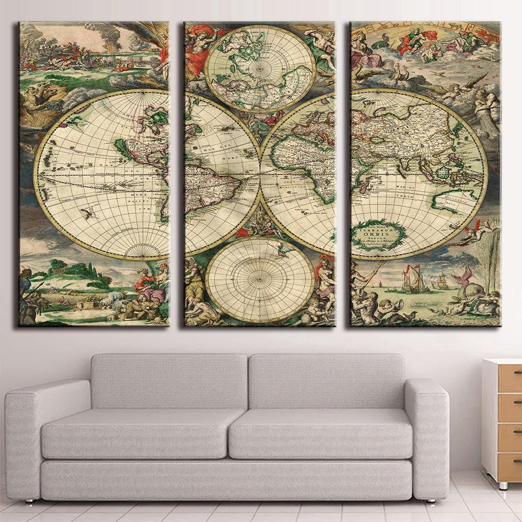 European Style Old World Map - Vintage 3-panel canvas art featuring detailed antique hemispheres with ornate borders, decorative cartouches, and classical illustrations around a double-hemisphere world map design