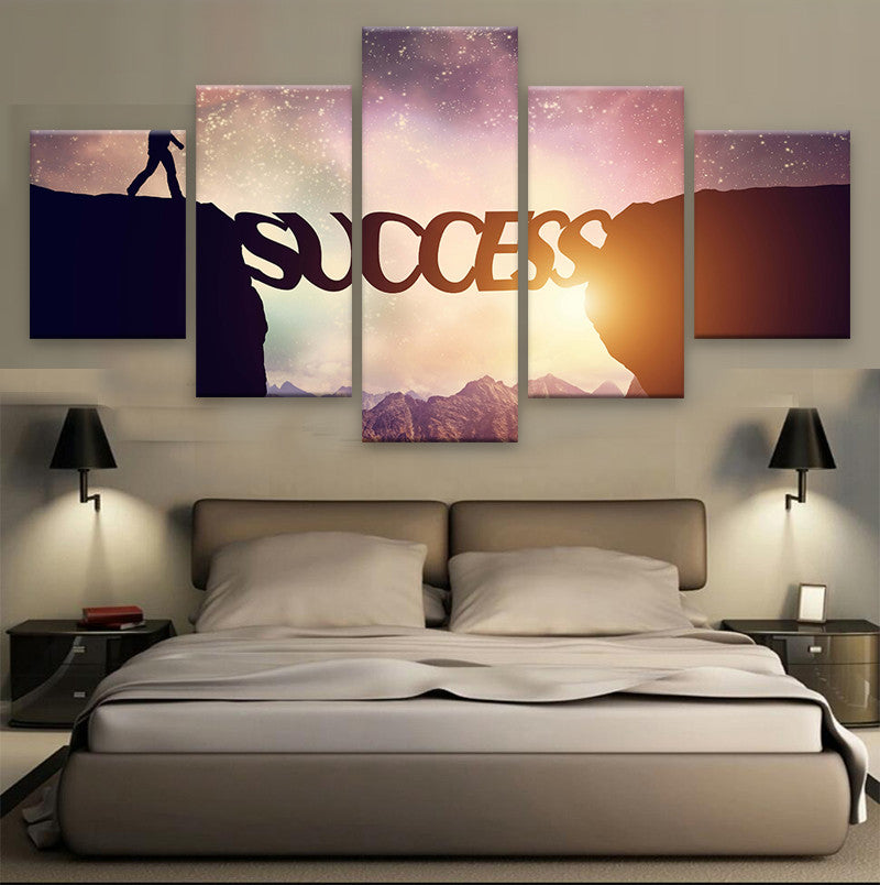 Success Silhouette 5-panel canvas wall art featuring motivational word 'Success' spanning mountain cliffs against a sunset sky with starry purple and pink hues, perfect for bedroom or office decor