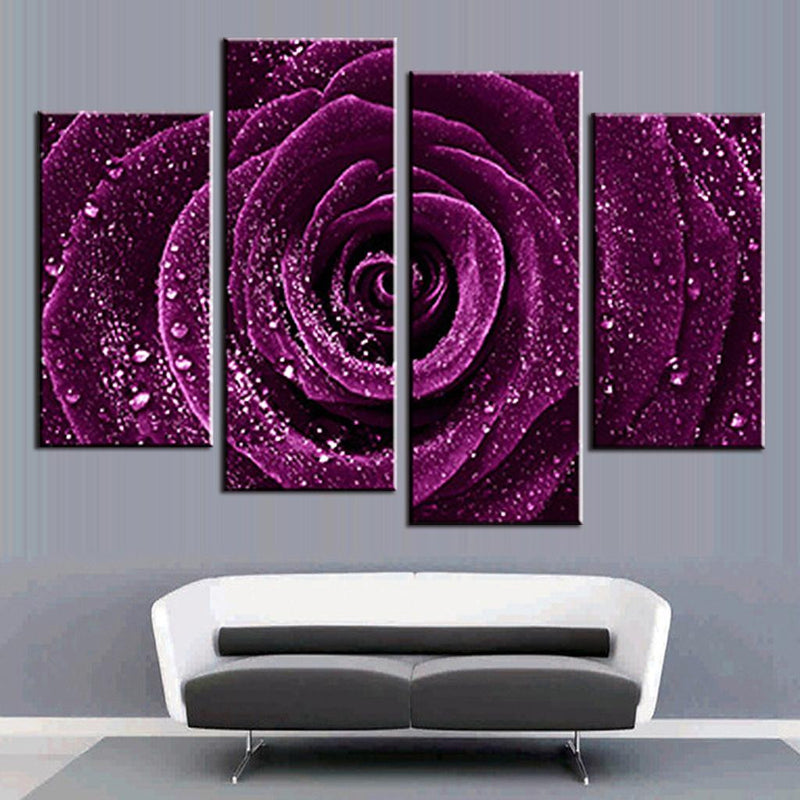 Purple Rose with Droplets 4-panel wall art featuring stunning close-up of deep purple rose petals covered in glistening water droplets, modern canvas print for elegant home decor