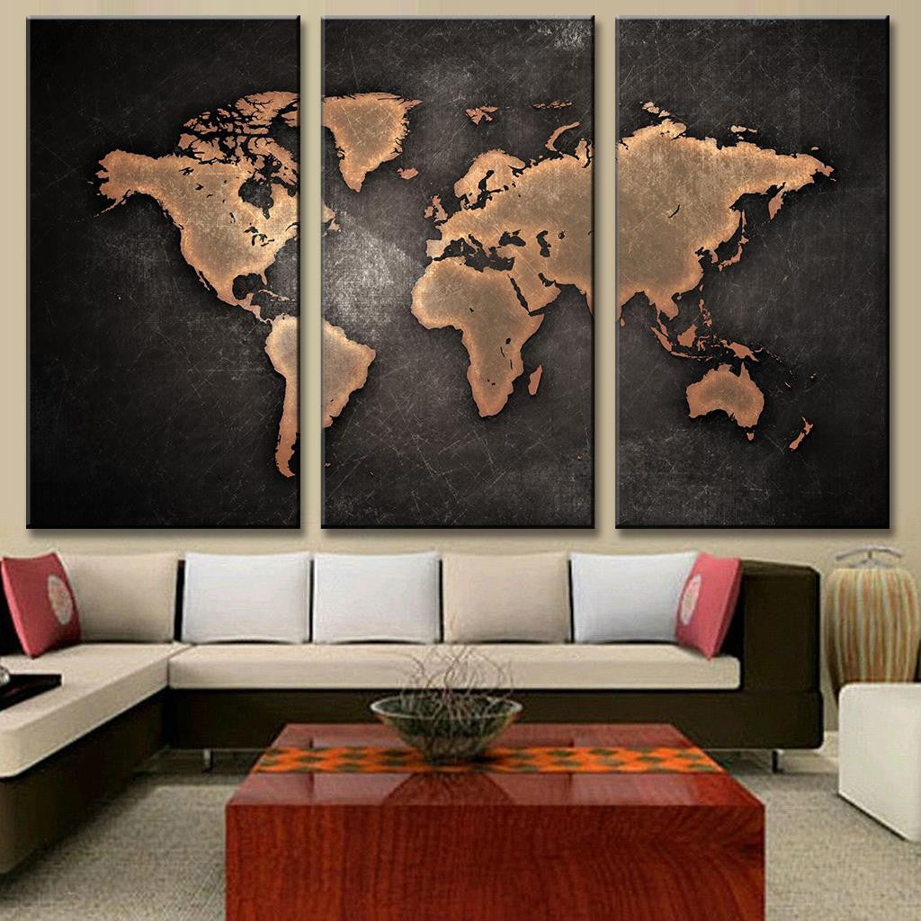 World Map in Black and Brown: Elegant 3-panel canvas wall art featuring a striking world map with copper-brown continents against a textured black background, perfect for modern home decor and office spaces.