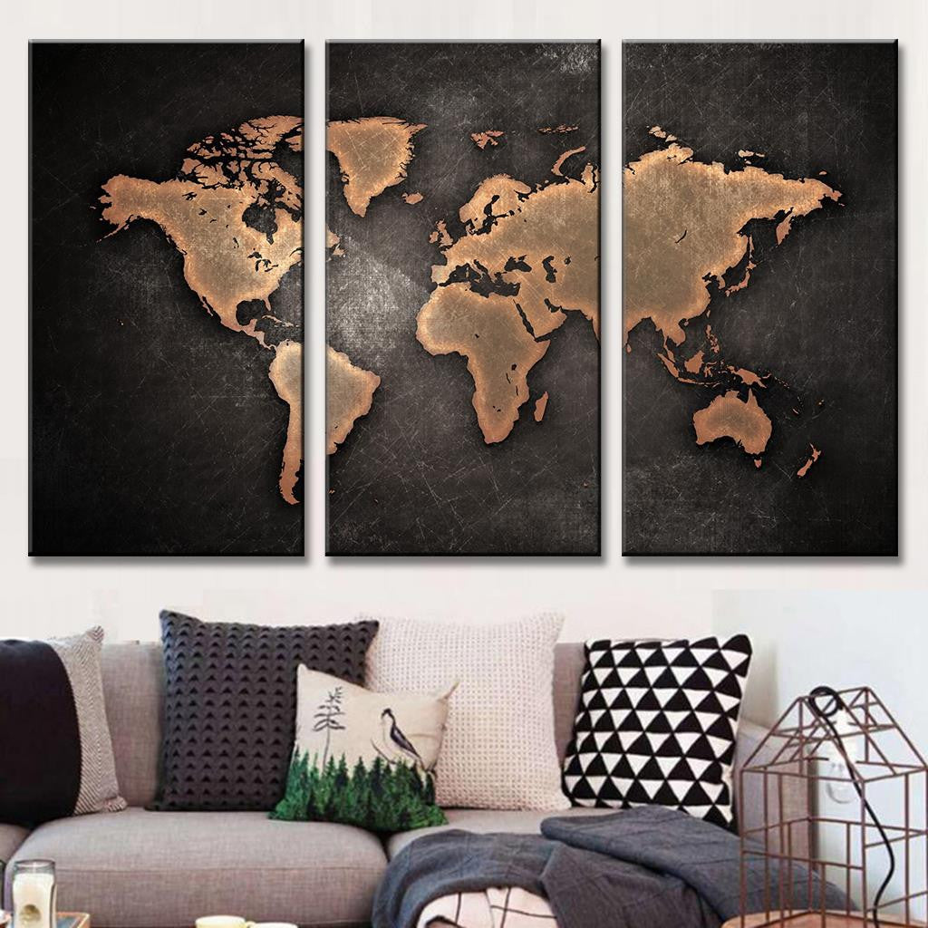 World Map in Black and Brown - 3-panel canvas wall art featuring a stylized world map with bronze-colored continents on a distressed black background, perfect for modern home decor and office spaces