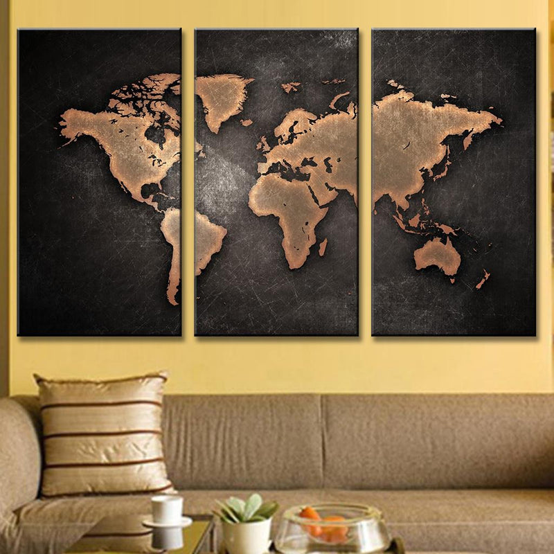 World Map in Black and Brown - Modern 3-panel canvas wall art featuring a dramatic world map with bronze-colored continents on a textured black background, perfect for contemporary home or office decor.