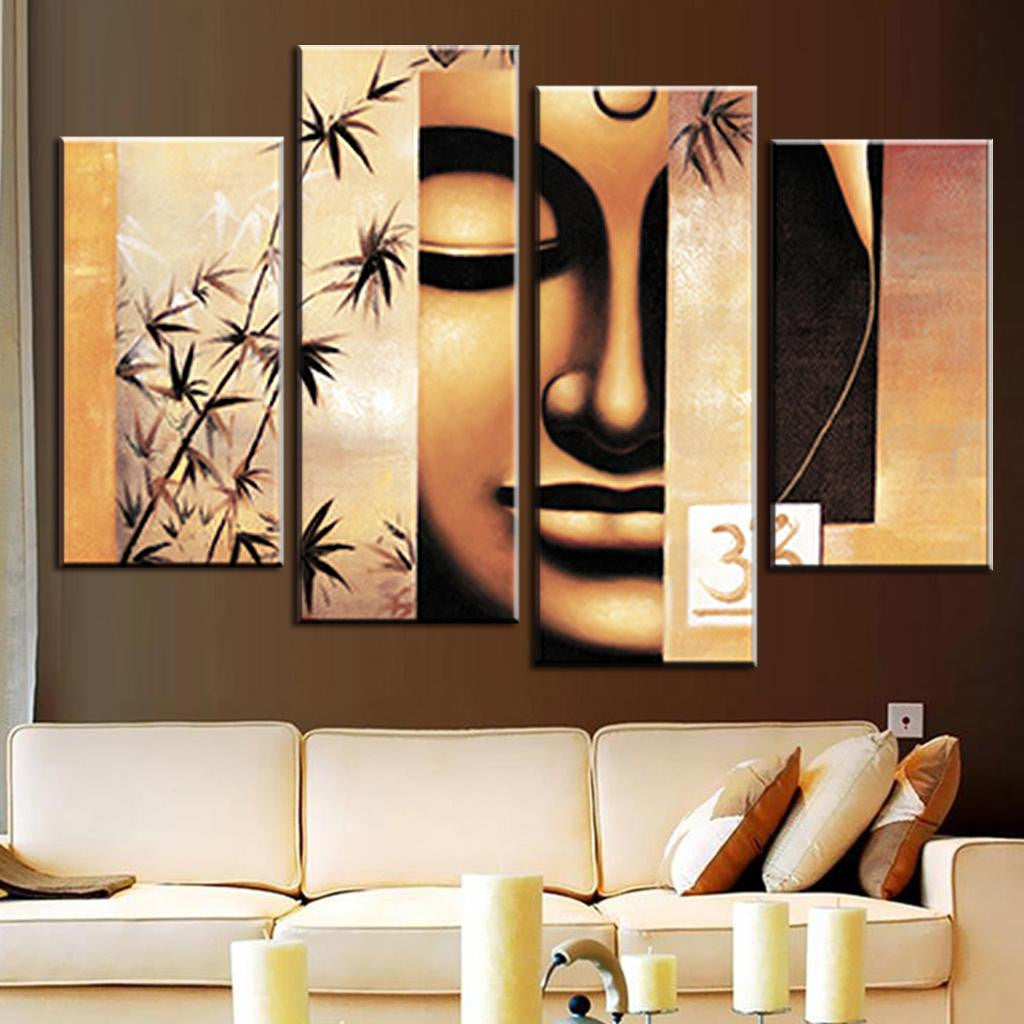 Abstract Buddha Scene: 5-panel canvas wall art featuring serene Buddha face with bamboo leaves silhouettes in warm golden and brown tones, modern zen spiritual home decor piece measuring 48x36 inches