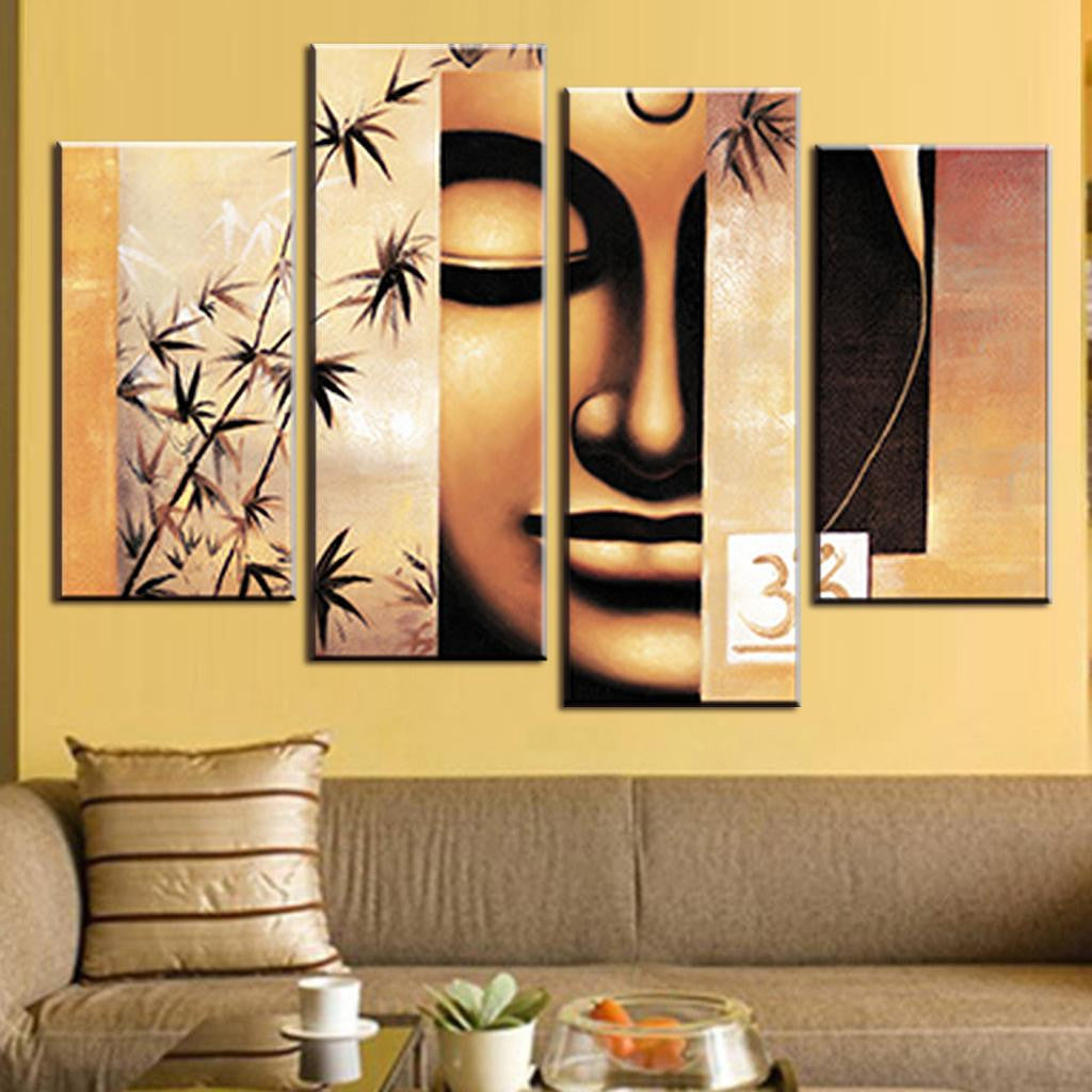 Abstract Buddha Scene - 4-panel wall art featuring serene golden Buddha artwork with bamboo leaves, modern zen design on canvas, perfect for meditation spaces and home decor, 48x36 inches total size