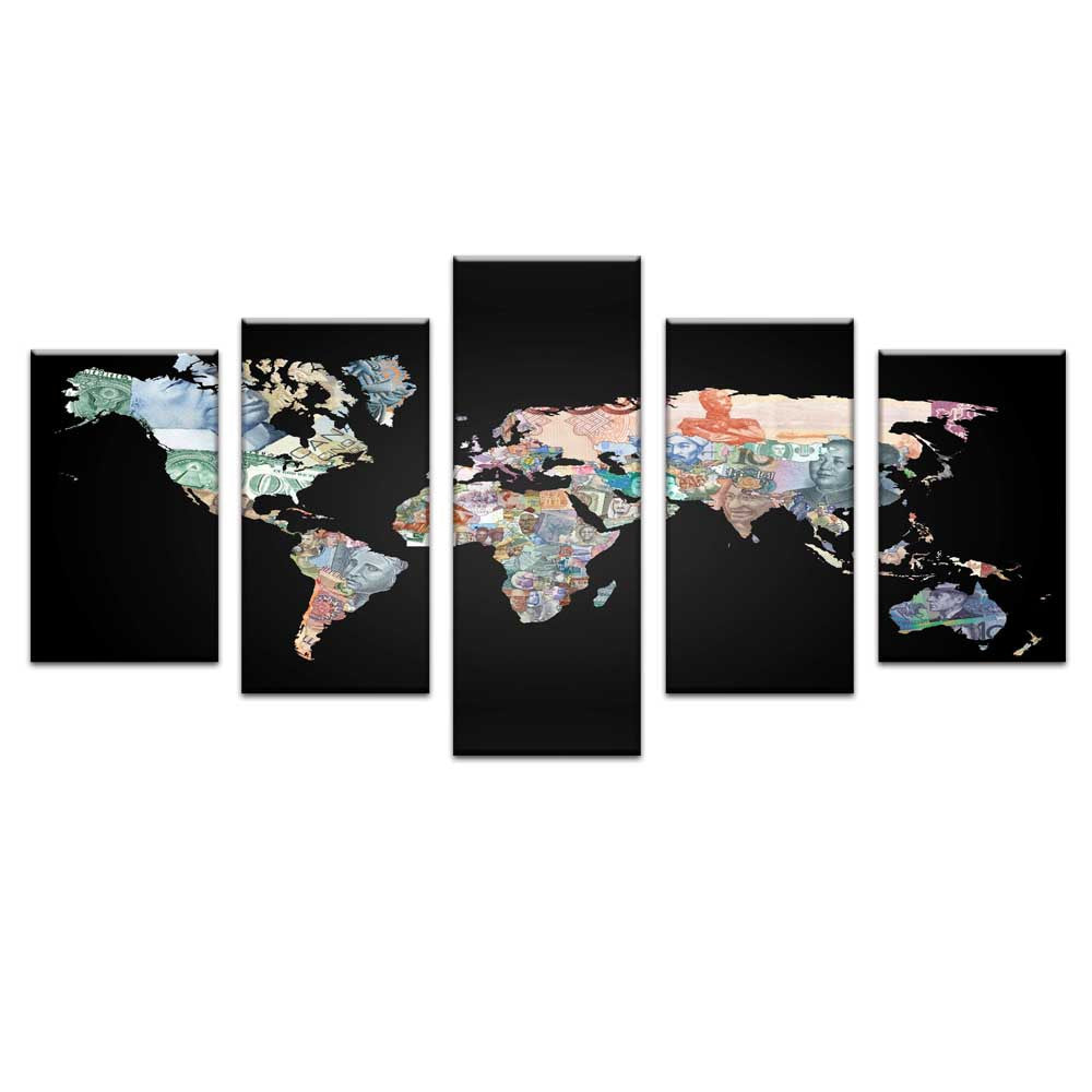 World Map in Currency Notes - 5 panel canvas wall art featuring global map design created with international banknotes on black background, modern decorative world map artwork for home and office