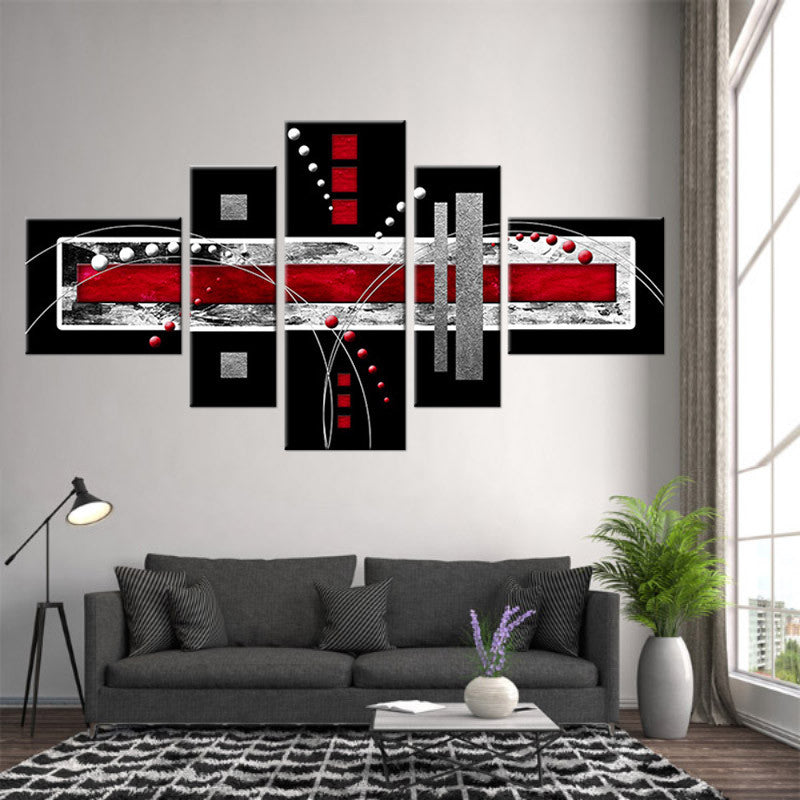 Red and Gray Abstract Rectangles: Modern 5-panel canvas wall art featuring bold geometric shapes in red, black, and gray with dynamic lines and abstract patterns, creating a contemporary statement piece for home decor.
