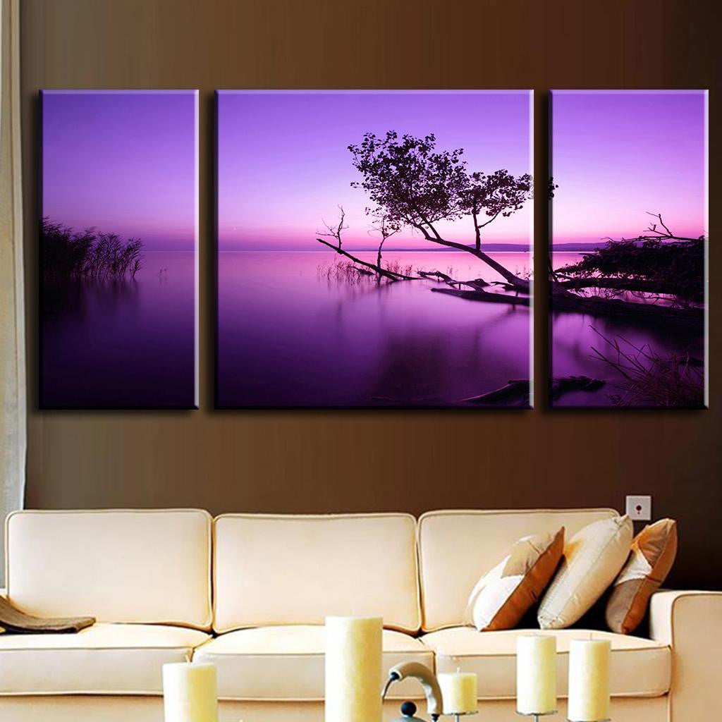 Purple Sky Tree on Water - 3-piece canvas wall art featuring a silhouetted tree against a serene purple twilight sky, reflecting dramatically on calm water surface, creating a peaceful and mesmerizing landscape scene