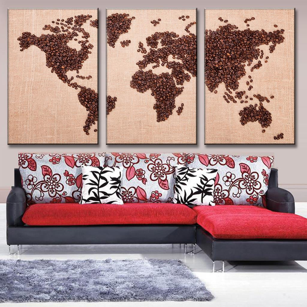World Map in Coffee Beans: Creative 3-panel wall art depicting global continents formed by artistically arranged coffee beans on a light beige canvas background, perfect for modern home decor or coffee shop wall art