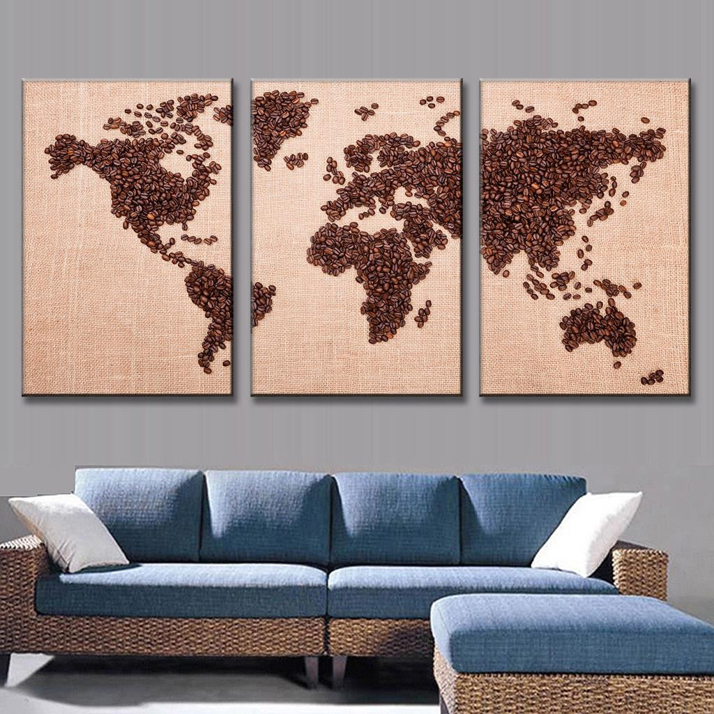 World Map in Coffee Beans - Artistic 3-panel canvas wall art showcasing global continents crafted from rich coffee beans against a light textured background, perfect for modern home decor and coffee enthusiasts