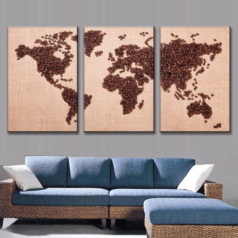 World Map in Coffee Beans - Artistic 3-panel canvas wall art showcasing global continents crafted from rich coffee beans against a light textured background, perfect for modern home decor and coffee enthusiasts