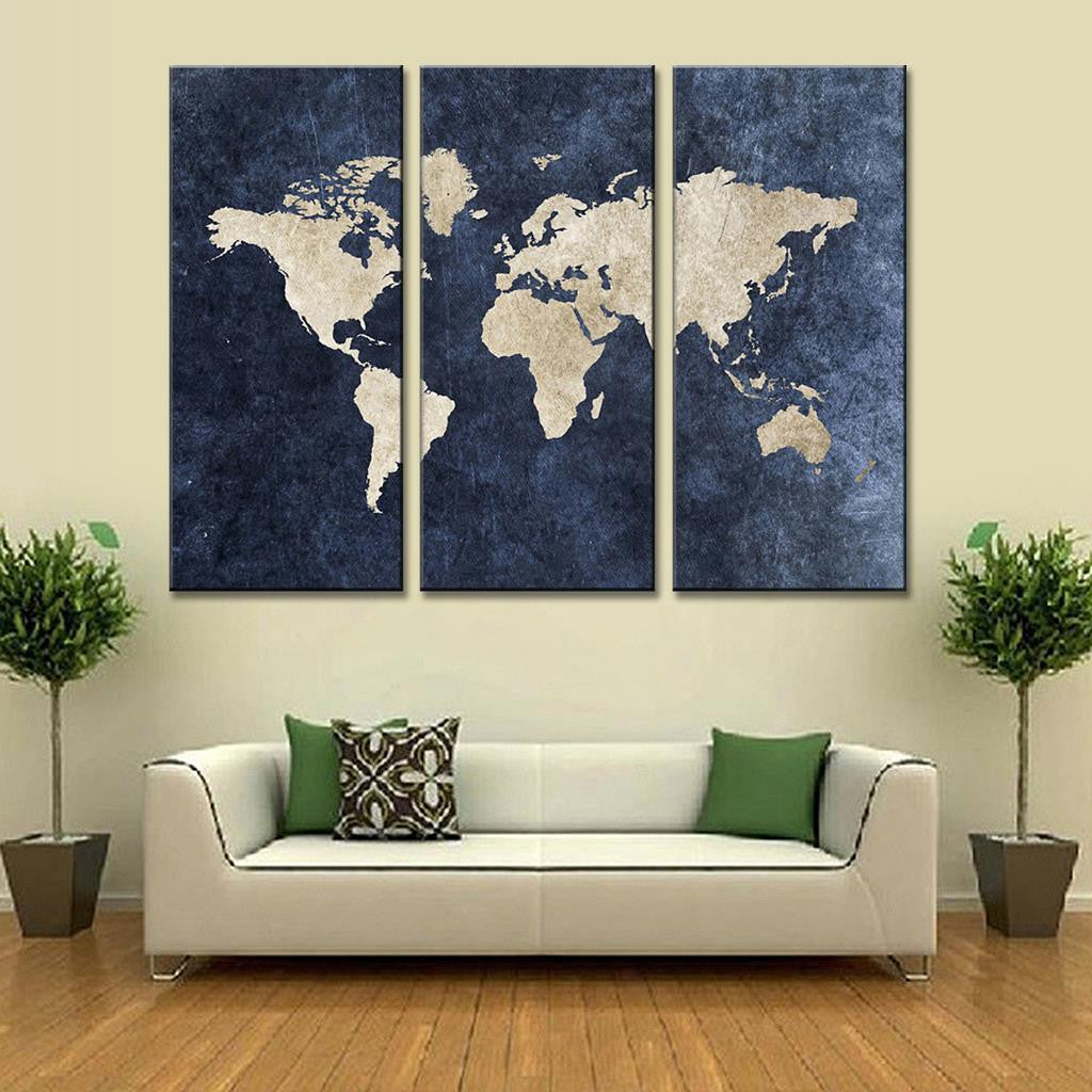 World Map on Navy Canvas - Three panel wall art displaying a stylized world map in beige against a deep navy blue textured background, perfect for modern home decor and office spaces