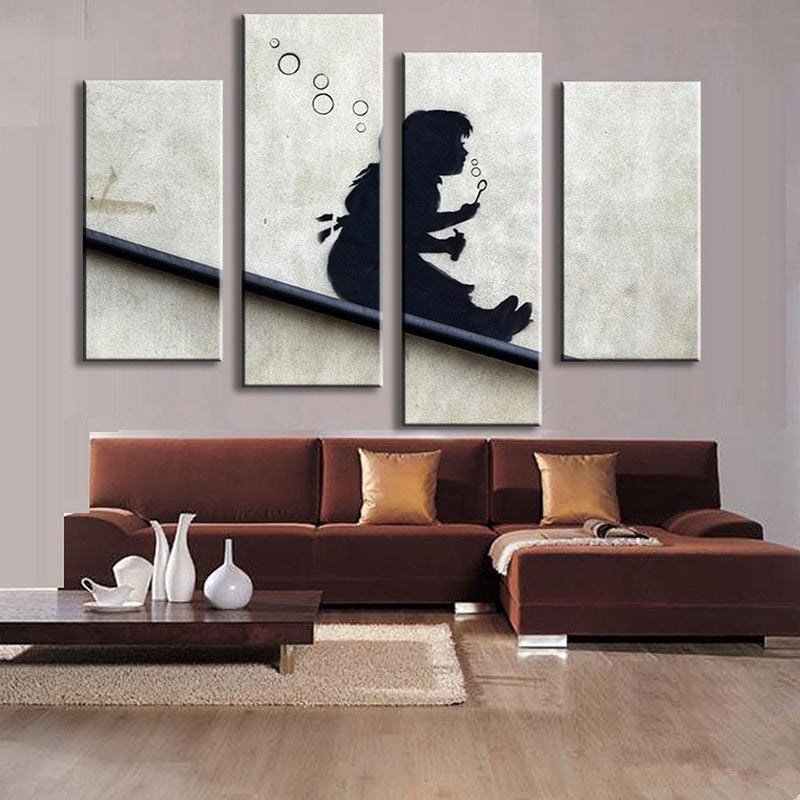Blowing Bubbles On The Roof - Banksy street art canvas print showing silhouette figure blowing bubbles while sitting on slanted rooftop, black and white minimalist design on textured background, 4-panel wall art