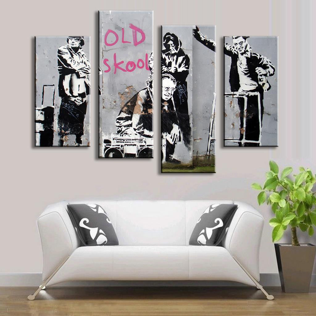 Old Skool - Banksy 4-panel canvas wall art featuring graffiti-style street art depicting figures with boombox in black, white and pink against concrete wall background, modern urban decor piece, 48x36 inches total size
